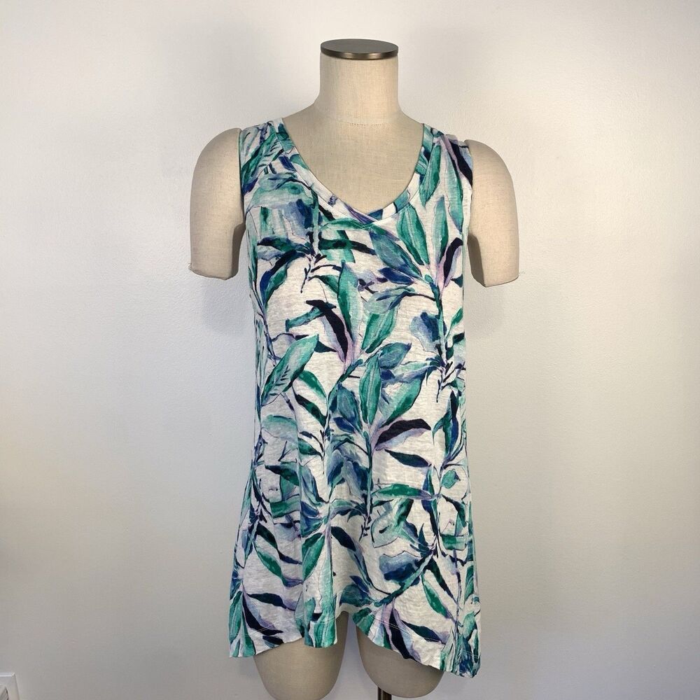 Lucy & Laurel Womens M Floral Leaf Print Linen or Linen Blend ? Tank Top
